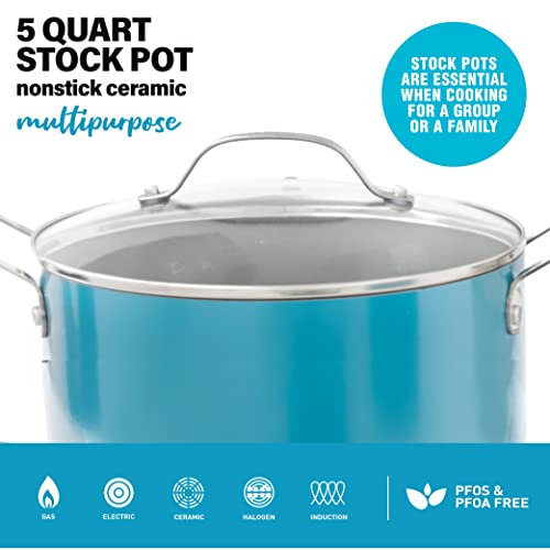 GOTHAM STEEL Aqua Blue Nonstick Multipurpose 5 Quart Stock Pot with Glass Lid, Dutch, Sauce & Reheat Food, Oven and Dishwasher Safe, PFOA Free