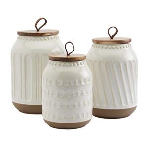 tabletops gallery ceramic canister collection- stoneware designed kitchen storage embossed acacia wood white set, 3 piece embossed ziggy white canister set