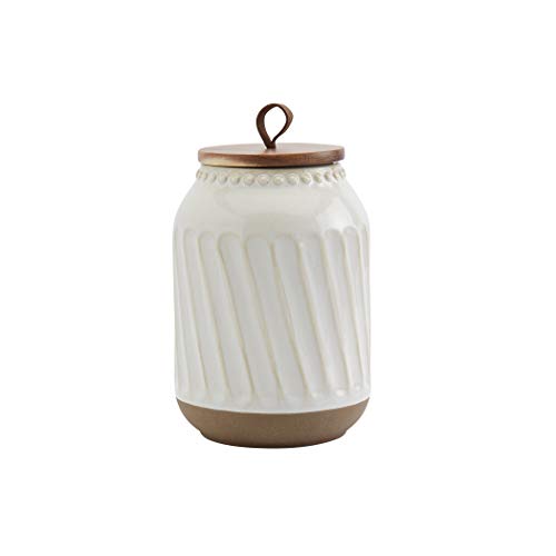 Tabletops Gallery Ceramic Canister Collection- Stoneware Designed Kitchen Storage Embossed Acacia Wood White Set, 3 Piece Embossed Ziggy White Canister Set