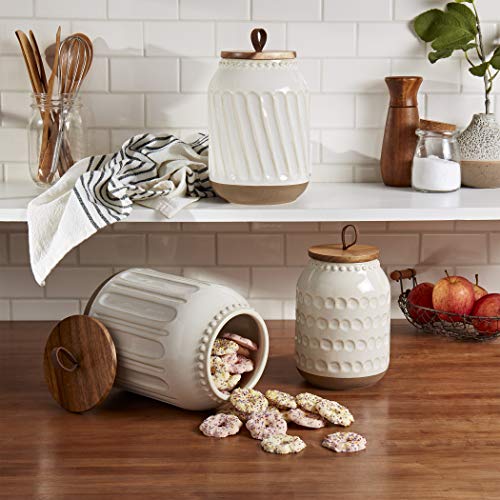 Tabletops Gallery Ceramic Canister Collection- Stoneware Designed Kitchen Storage Embossed Acacia Wood White Set, 3 Piece Embossed Ziggy White Canister Set