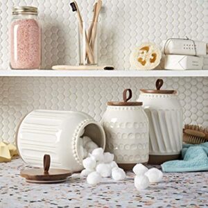 Tabletops Gallery Ceramic Canister Collection- Stoneware Designed Kitchen Storage Embossed Acacia Wood White Set, 3 Piece Embossed Ziggy White Canister Set