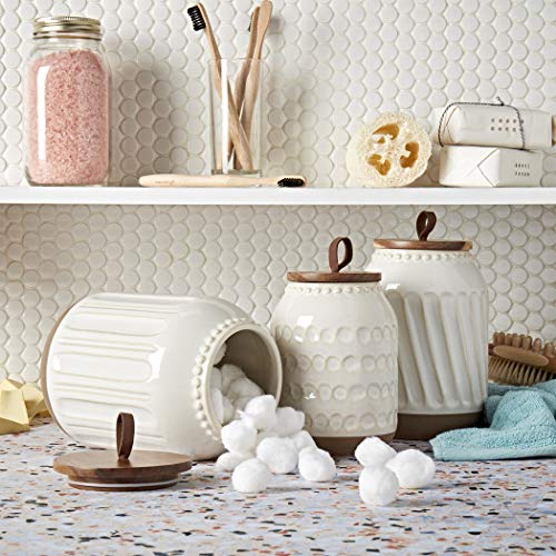 Tabletops Gallery Ceramic Canister Collection- Stoneware Designed Kitchen Storage Embossed Acacia Wood White Set, 3 Piece Embossed Ziggy White Canister Set