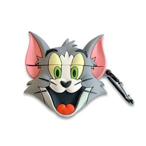 soft silicone cute airpod case cover for apple airpods pro 2019 with keychain tom and jerry cat grey color anime 3d cartoon adorable lovely funny kids teens girls boys daughter women