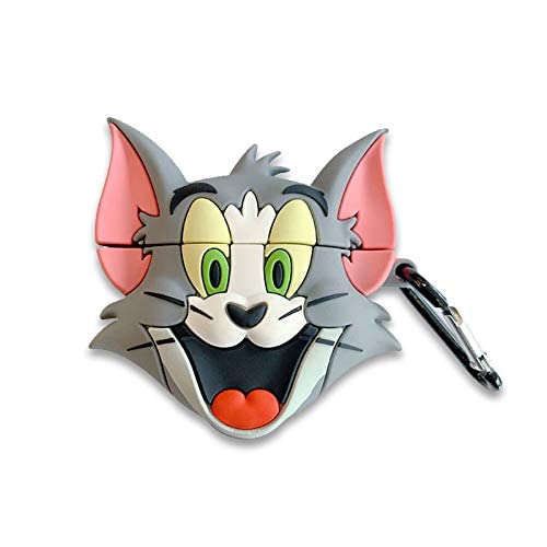 Soft Silicone Cute AirPod Case Cover for Apple AirPods Pro 2019 with Keychain Tom and Jerry Cat Grey Color Anime 3D Cartoon Adorable Lovely Funny Kids Teens Girls Boys Daughter Women