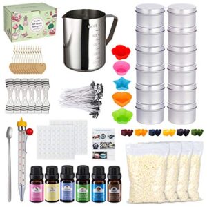 candle making kit, deluxe candle making supplies, diy craft and arts kits, including pouring pot, beeswax, color dye, fragrance oil, thermometer, candle tins, molds, wicks, stickers, wicks holders