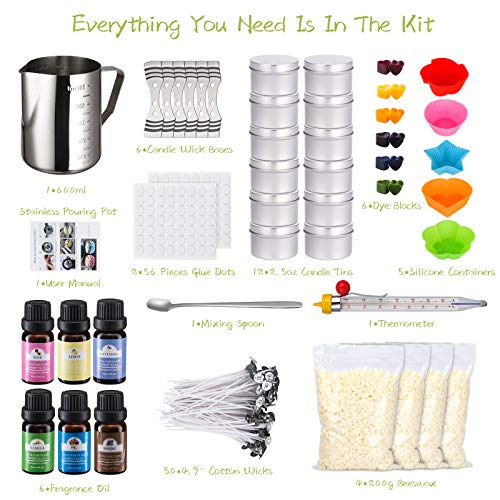 Candle Making Kit, Deluxe Candle Making Supplies, DIY Craft and Arts Kits, Including Pouring Pot, Beeswax, Color Dye, Fragrance Oil, Thermometer, Candle Tins, Molds, Wicks, Stickers, Wicks Holders