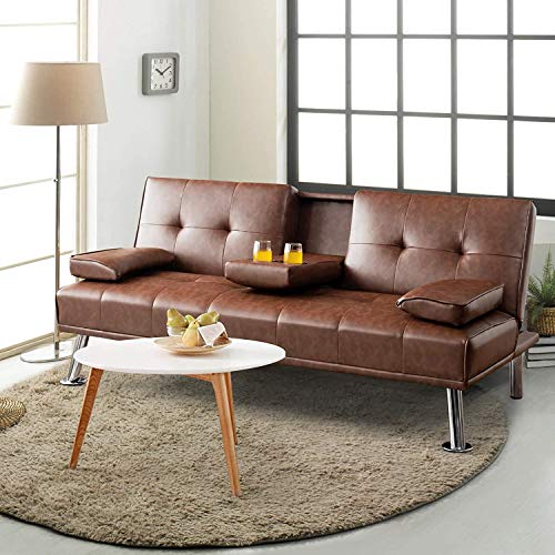 ARLIME Convertible Futon Sofa Bed, Faux Leather Sofa Sleeper W/Adjustable Backrest, Folding Cup Holder, Removable Armrests, Steel Leg, Modern Style Sofa Bed for Livingroom, Office, Apartment (Brown)