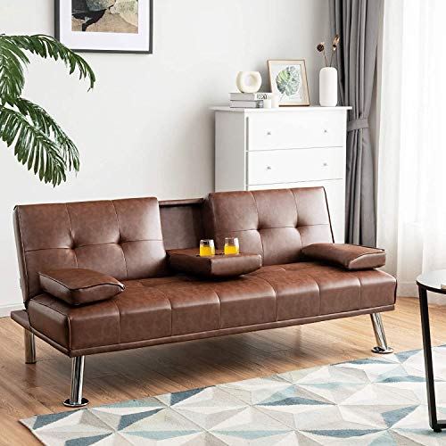 ARLIME Convertible Futon Sofa Bed, Faux Leather Sofa Sleeper W/Adjustable Backrest, Folding Cup Holder, Removable Armrests, Steel Leg, Modern Style Sofa Bed for Livingroom, Office, Apartment (Brown)