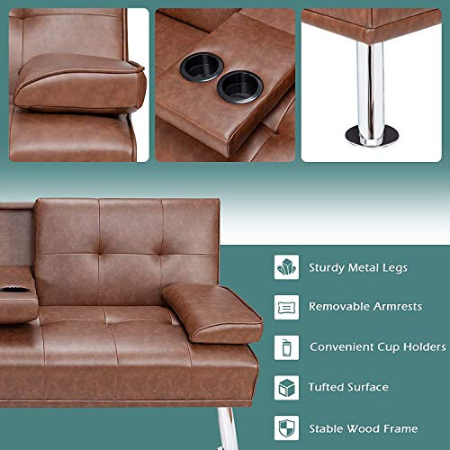 ARLIME Convertible Futon Sofa Bed, Faux Leather Sofa Sleeper W/Adjustable Backrest, Folding Cup Holder, Removable Armrests, Steel Leg, Modern Style Sofa Bed for Livingroom, Office, Apartment (Brown)