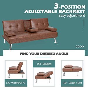 ARLIME Convertible Futon Sofa Bed, Faux Leather Sofa Sleeper W/Adjustable Backrest, Folding Cup Holder, Removable Armrests, Steel Leg, Modern Style Sofa Bed for Livingroom, Office, Apartment (Brown)