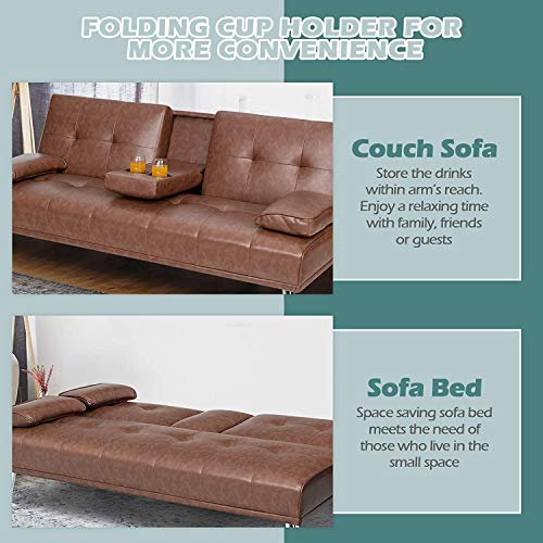 ARLIME Convertible Futon Sofa Bed, Faux Leather Sofa Sleeper W/Adjustable Backrest, Folding Cup Holder, Removable Armrests, Steel Leg, Modern Style Sofa Bed for Livingroom, Office, Apartment (Brown)