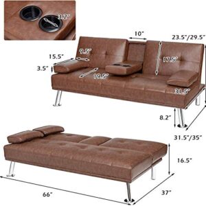 ARLIME Convertible Futon Sofa Bed, Faux Leather Sofa Sleeper W/Adjustable Backrest, Folding Cup Holder, Removable Armrests, Steel Leg, Modern Style Sofa Bed for Livingroom, Office, Apartment (Brown)