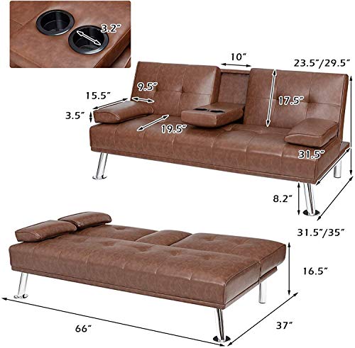 ARLIME Convertible Futon Sofa Bed, Faux Leather Sofa Sleeper W/Adjustable Backrest, Folding Cup Holder, Removable Armrests, Steel Leg, Modern Style Sofa Bed for Livingroom, Office, Apartment (Brown)