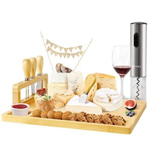 Secura Bamboo Cheese Board, Charcuterie Boards Set Cheese Platters Wood Serving Board and Knife Set with Knife Stand for Wine Wedding Housewarming Gifts