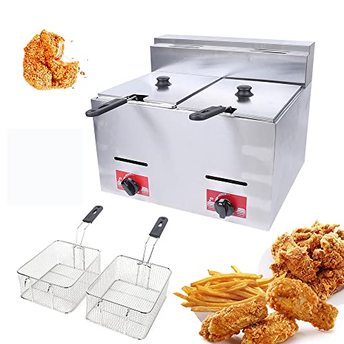 Commercial Countertop LPG Gas Fryer Deep Fryer 2-Basket Countertop Deep Gas Fryer Stainless Steel 6L*2 Deep Fryer for French Fries Restaurant Home Kitchen