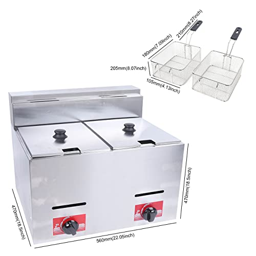 Commercial Countertop LPG Gas Fryer Deep Fryer 2-Basket Countertop Deep Gas Fryer Stainless Steel 6L*2 Deep Fryer for French Fries Restaurant Home Kitchen