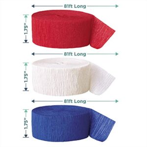 Patriotic Party Red, White, and Blue Crepe Paper Streamer Decorations 81 Ft Each (Set of 3)