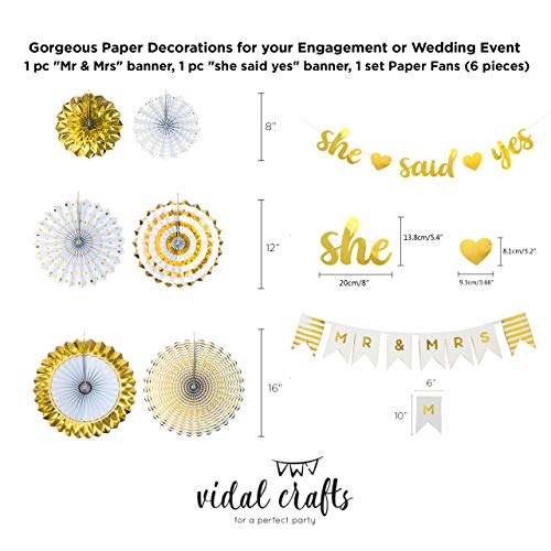 VIDAL CRAFTS Gold Engagement Party Decorations, 6 Pcs Paper Fans, MR&MRS Banner, Love Foil Balloon, Engagement Balloons, She Said Yes Banner, Gold Themed Engagement Party Kit or any kind of engagement party decor