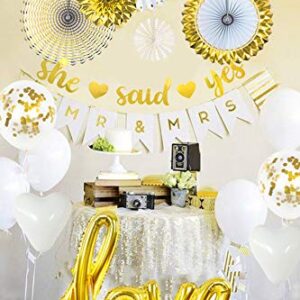 VIDAL CRAFTS Gold Engagement Party Decorations, 6 Pcs Paper Fans, MR&MRS Banner, Love Foil Balloon, Engagement Balloons, She Said Yes Banner, Gold Themed Engagement Party Kit or any kind of engagement party decor