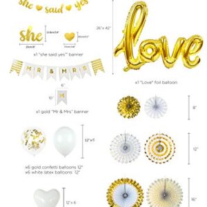 VIDAL CRAFTS Gold Engagement Party Decorations, 6 Pcs Paper Fans, MR&MRS Banner, Love Foil Balloon, Engagement Balloons, She Said Yes Banner, Gold Themed Engagement Party Kit or any kind of engagement party decor