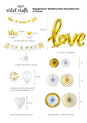 VIDAL CRAFTS Gold Engagement Party Decorations, 6 Pcs Paper Fans, MR&MRS Banner, Love Foil Balloon, Engagement Balloons, She Said Yes Banner, Gold Themed Engagement Party Kit or any kind of engagement party decor