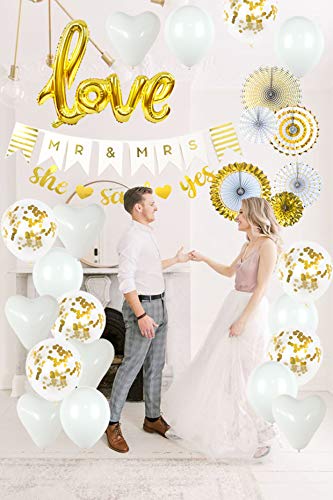 VIDAL CRAFTS Gold Engagement Party Decorations, 6 Pcs Paper Fans, MR&MRS Banner, Love Foil Balloon, Engagement Balloons, She Said Yes Banner, Gold Themed Engagement Party Kit or any kind of engagement party decor