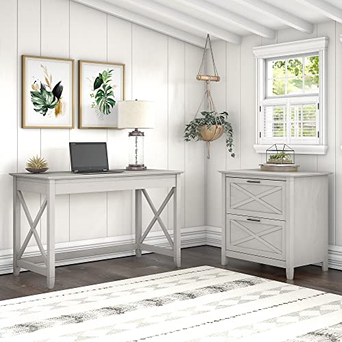 Bush Furniture Key West Writing Desk with 2 Drawer Lateral File Cabinet, 48W, Linen White Oak