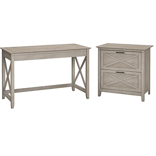 Bush Furniture Key West Writing Desk with 2 Drawer Lateral File Cabinet, 48W, Linen White Oak