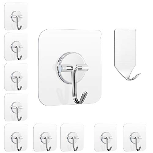 FOWOKAW Adhesive Hooks.Heavy Duty Self Wall Hooks15lb(Max),Waterproof and Oilproof Transparent hooks11 Pack