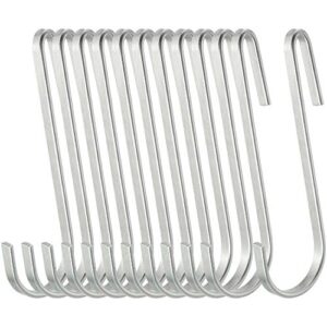 whyhkj 12pcs 4.2 inch s shaped flat hook silver tone heavy duty stainless steel hanger hooks for hanging pots and pans, plants, utensils, towels