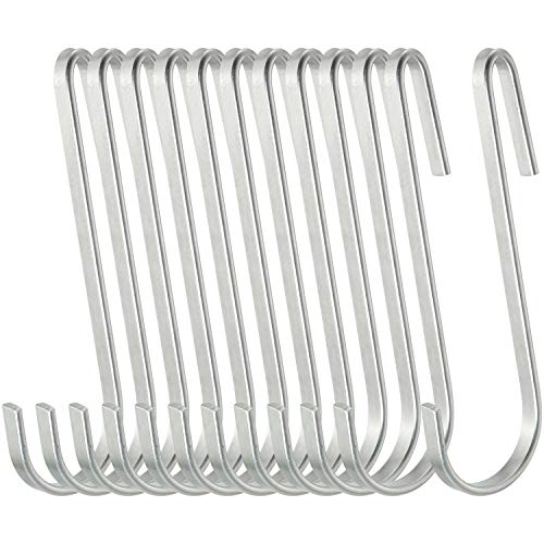 WHYHKJ 12pcs 4.2 Inch S Shaped Flat Hook Silver Tone Heavy Duty Stainless Steel Hanger Hooks for Hanging Pots and Pans, Plants, Utensils, Towels