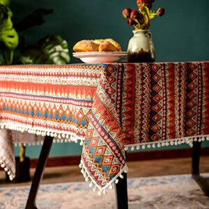 sutavia pompom tassel tablecloth for bohemian rectangle table covers，wrinkle free linen bohemian style design table cloth for for dining room, tabletop decoration (red, 60"x84")