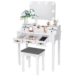 bewishome vanity desk with mirror and lights, makeup vanity with lights, vanity table with 8 led bulbs & 3 colors lighting, white vanity set with 7 drawers & stool, dressing table makeup desk fst13w