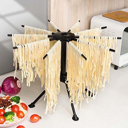 Ourokhome Collapsible Pasta Drying Rack, Plastic Spaghetti Hanger Noodle Dryer Stand with 10 Bar Handles for Homemade Fresh Spaghetti, Stable, Easy Storage and Quickly Set Up (Black)