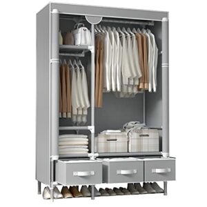 assica portable wardrobe durable clothes closet non-woven fabric storage organizer with three drawer boxes and hanging rack- easy to install, not for outside use, 44.5" x 18.0" x67.0" (gray)