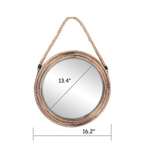 Funly mee 16.2 Inch Rustic Round Decorative Mirror with Solid Wood Frame&Rope Hanging,Farmhouse Antique Wall Decor (L)