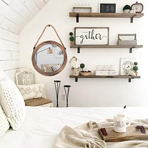 Funly mee 16.2 Inch Rustic Round Decorative Mirror with Solid Wood Frame&Rope Hanging,Farmhouse Antique Wall Decor (L)