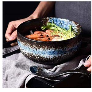 Japanese Ramen Bowls Japanese Rice Bowl (Contains chopsticks and spoons) Japanese Blue Ceramic Hand Drawn Rice Bowl Retro Tablewarel 6.5 inch