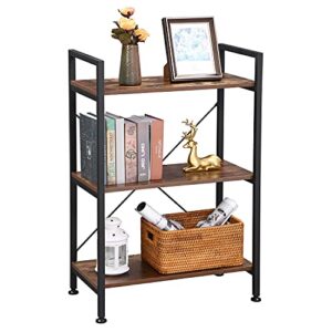 bewishome 3 tier bookshelf organizer, rustic brown small bookshelf for small spaces, industrial wooden storage bookcase with metal frame for bedroom living room and home office jcj32z