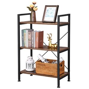 BEWISHOME 3 Tier Bookshelf Organizer, Rustic Brown Small Bookshelf for Small Spaces, Industrial Wooden Storage Bookcase with Metal Frame for Bedroom Living Room and Home Office JCJ32Z