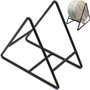 enkore coaster holder extra wide triangle design - black metal rack hold 4 to 8 pieces upright standing for better display and storage or handle - fit round or square drink mats, sold without coasters