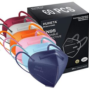 huheta kn95 face mask 60 pack, 5-ply breathable & comfortable safety mask, filter efficiency≥95%, protective cup dust masks against pm2.5 - individually wrapped (multicolored mask)