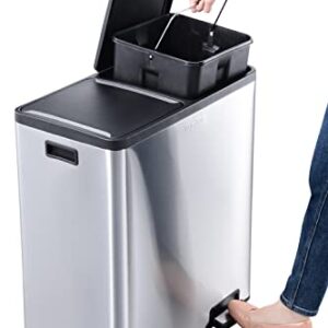 The Step N' Sort 18.5 Gallon Extra Large Capacity, Soft-Step, Dual Trash and Recycling Bin with Removable Inner Bins Silver