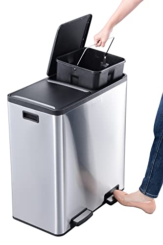 The Step N' Sort 18.5 Gallon Extra Large Capacity, Soft-Step, Dual Trash and Recycling Bin with Removable Inner Bins Silver