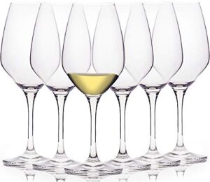 fawles crystal white wine glasses set of 6, 15 ounce laser cut rim stemmed clear chardonnay wine glass set, housewarming/anniversary/wine gift set