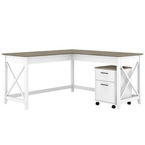 bush furniture key west l shaped desk with 2 drawer mobile file cabinet, 60w, pure white and shiplap gray