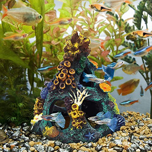 Uniclife Aquarium Decorations Resin Coral Rock Mountain Cave Fish Tank Decor Ornaments Fish House for Betta Rest Hide Play Breed