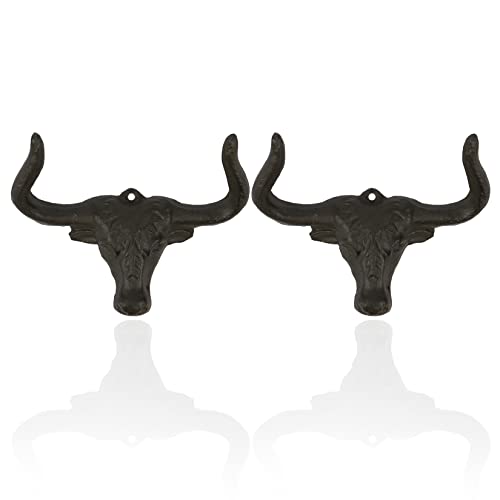 30GO Cast Iron Longhorn Steer Wall Hook-5" Bull Head Decorative Hanger Heavy Duty Rustic Western Decor | Includes Screws and Anchors