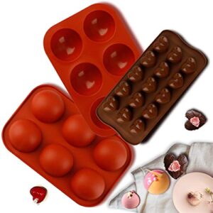 jasilon [upgrade safe material] 2 chocolate bomb molds + 1 heart shaped silicone mold, medium semi sphere silicone mold, 6 holes round silicone molds for hot chocolate bombs,cake,jelly,mousse-red