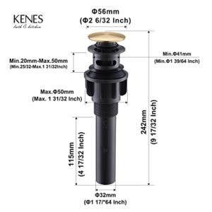 KENES Brushed Gold Pop Up Bathroom Sink Drain with Overflow, Bathroom Sink Drain Assembly with Strainer Pop Up Drain, Lavatory Vanity Vessel Sink Pop Up Drain Stopper